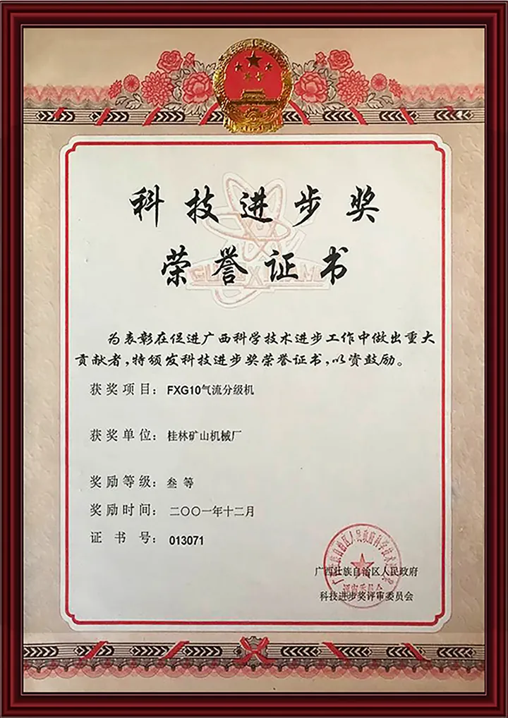 Guangxi Science and Technology Progress Award certificate for grinding technology