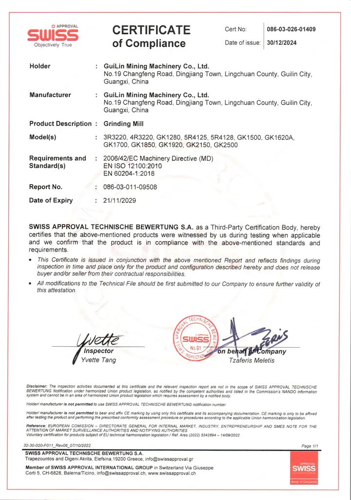 CE certificate for the Cronus coal grinding mill exported to European customers